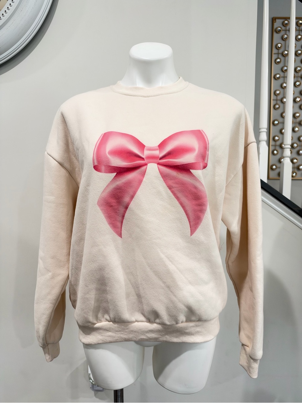 Edikted Cream Crewneck Sweater with Pink Bow Print size XS